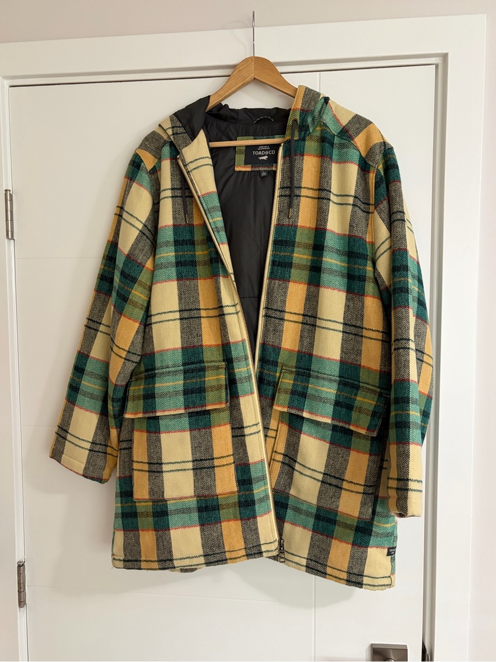 Toad&Co Cream and Green Plaid Hooded Pea Coat
